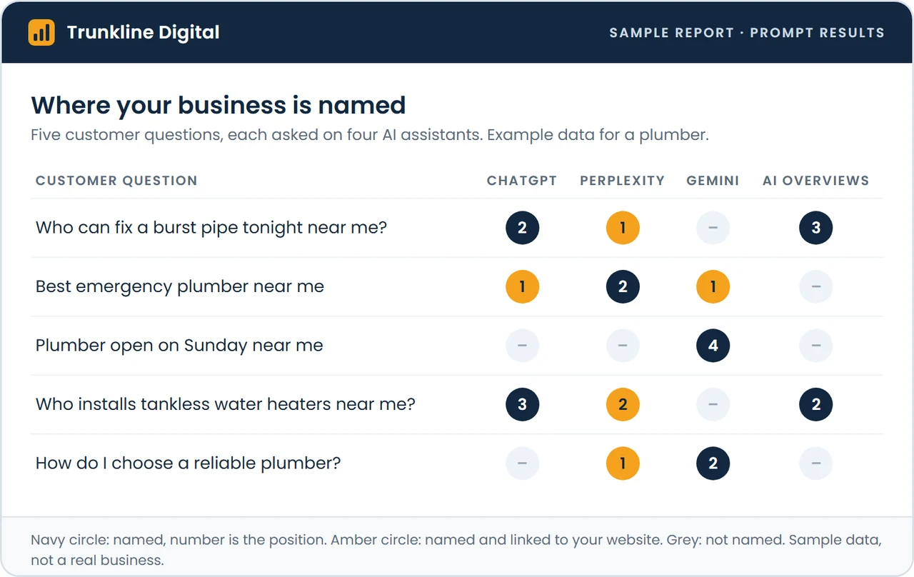 Sample report: a numbered position where the business was named, in amber where the answer also linked to its website. Example data.