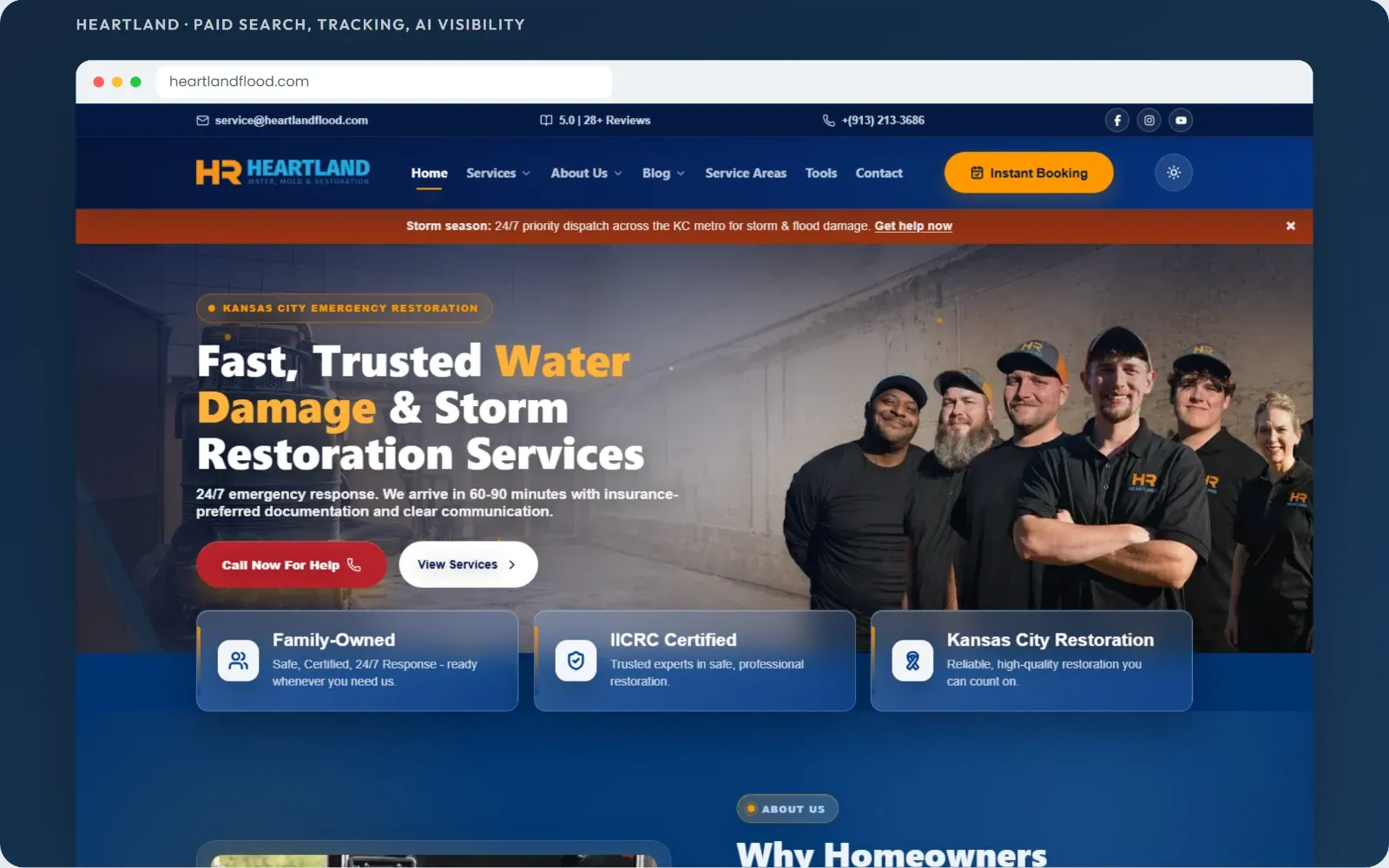 Heartland Water, Mold and Restoration website, paid search, tracking and AI visibility by Trunkline Digital.